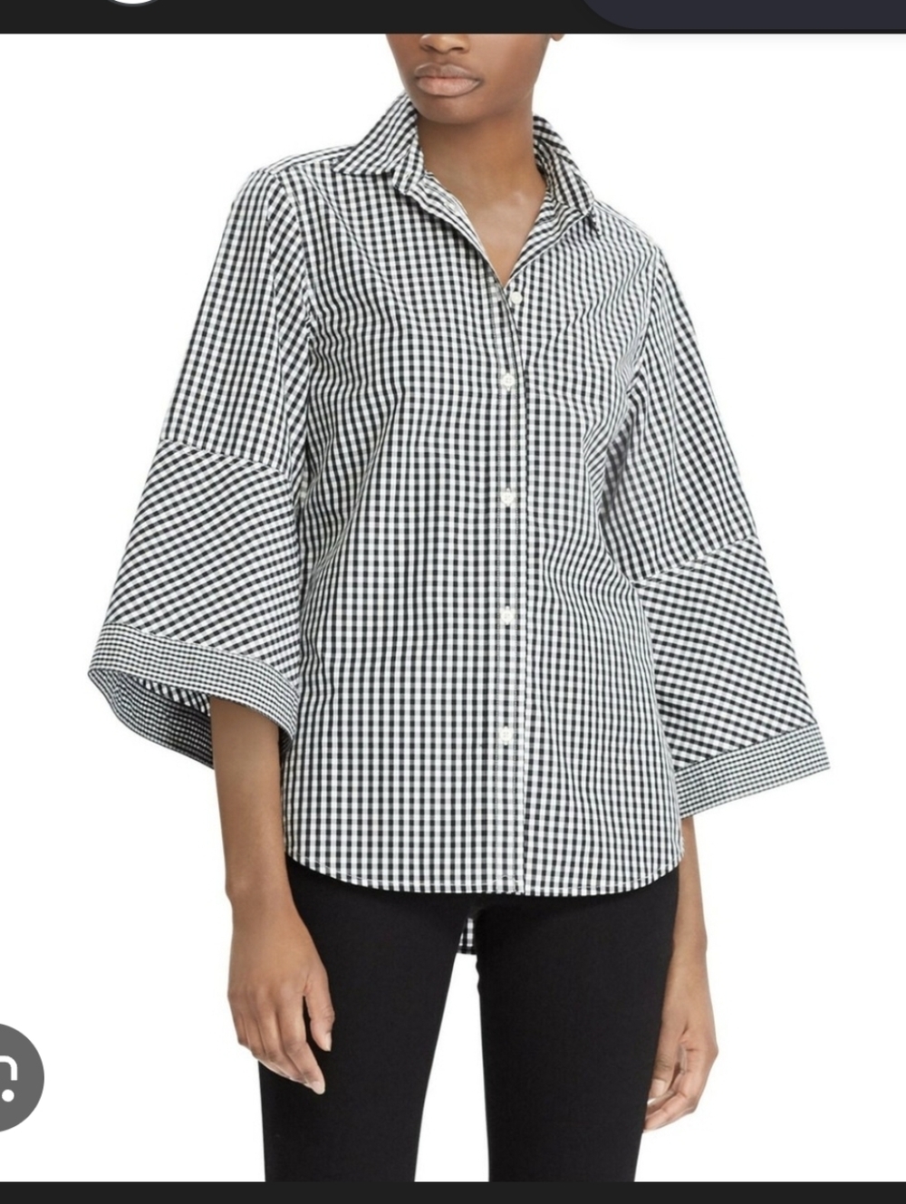 Lauren Ralph Lauren Cotton Gingham Bell Sleeve Button Front Blouse sz 3X Black